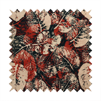 An abstract skeleton leaf fabric pattern featuring bold botanical leaf motifs in terracotta red, natural beige, and black.