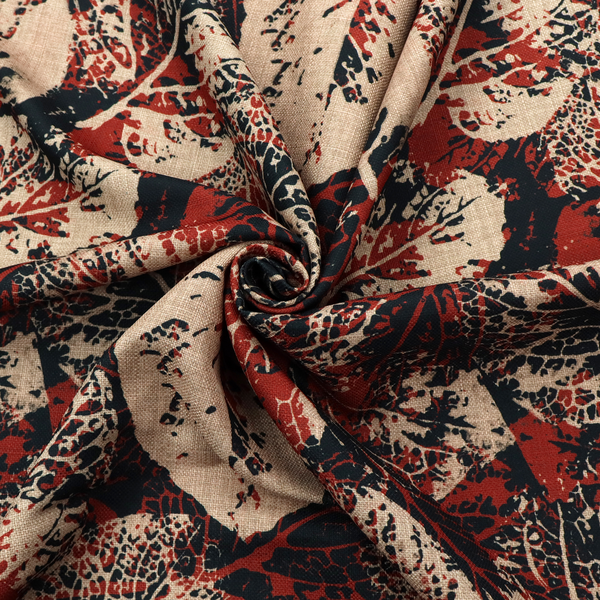 An abstract skeleton leaf fabric pattern featuring bold botanical leaf motifs in terracotta red, natural beige, and black.