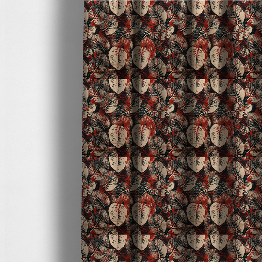 The fabric used to create these made-to-measure curtains is an abstract skeleton leaf fabric pattern featuring bold botanical leaf motifs in terracotta red, natural beige, and black.