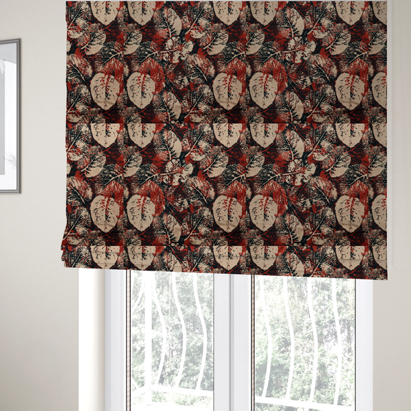 The fabric used to create these Roman blinds is an abstract skeleton leaf fabric pattern featuring bold botanical leaf motifs in terracotta red, natural beige, and black.