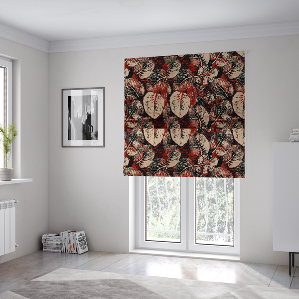 The fabric used to create these Roman blinds is an abstract skeleton leaf fabric pattern featuring bold botanical leaf motifs in terracotta red, natural beige, and black.