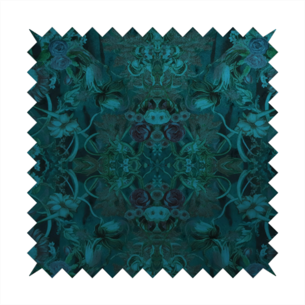 A symmetrical, damask-style botanical fabric pattern in deep teal and turquoise tones, featuring an intricate mirror-image design of large sunflowers, roses, swirling vines, and leafy foliage against a dark, textured background.