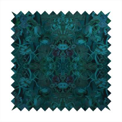A symmetrical, damask-style botanical fabric pattern in deep teal and turquoise tones, featuring an intricate mirror-image design of large sunflowers, roses, swirling vines, and leafy foliage against a dark, textured background.