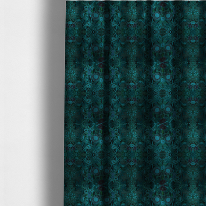 The fabric used to create these made-to-measure curtains is a symmetrical, damask-style botanical fabric pattern in deep teal and turquoise tones, featuring an intricate mirror-image design of large sunflowers, roses, swirling vines, and leafy foliage against a dark, textured background.