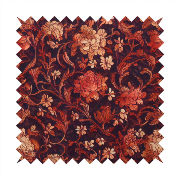 A moody vintage floral fabric pattern featuring intricate peony and rose vines in deep burgundy, crimson, and cream.