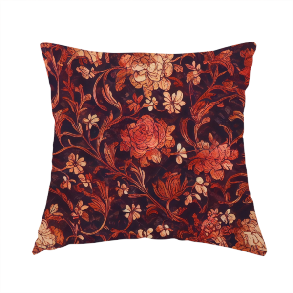 The fabric used to create this handmade cushion is a moody vintage floral fabric pattern featuring intricate peony and rose vines in deep burgundy, crimson, and cream.