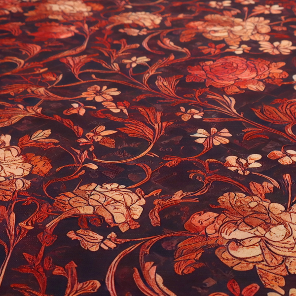 A moody vintage floral fabric pattern featuring intricate peony and rose vines in deep burgundy, crimson, and cream.