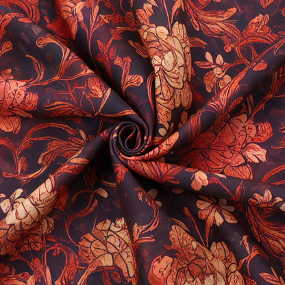 A moody vintage floral fabric pattern featuring intricate peony and rose vines in deep burgundy, crimson, and cream.