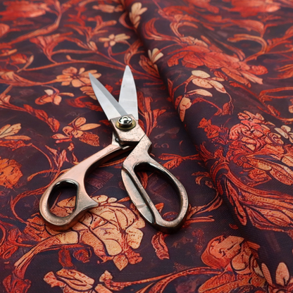 A moody vintage floral fabric pattern featuring intricate peony and rose vines in deep burgundy, crimson, and cream.