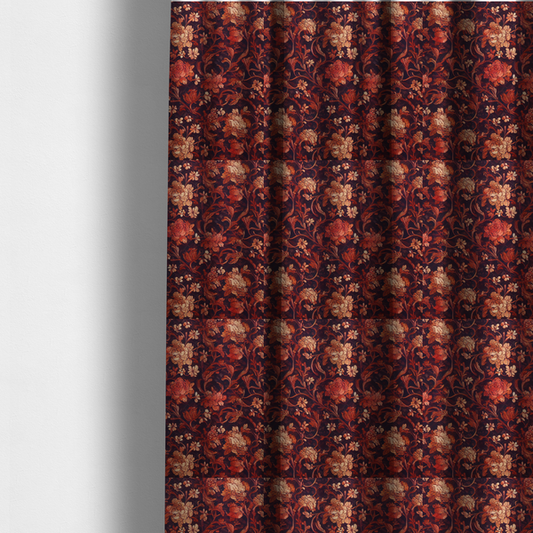 The fabric used to create these made-to-measure curtains is a moody vintage floral fabric pattern featuring intricate peony and rose vines in deep burgundy, crimson, and cream.