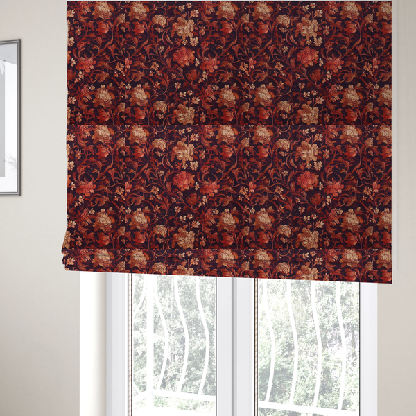The fabric used to create these Roman blinds is a moody vintage floral fabric pattern featuring intricate peony and rose vines in deep burgundy, crimson, and cream.
