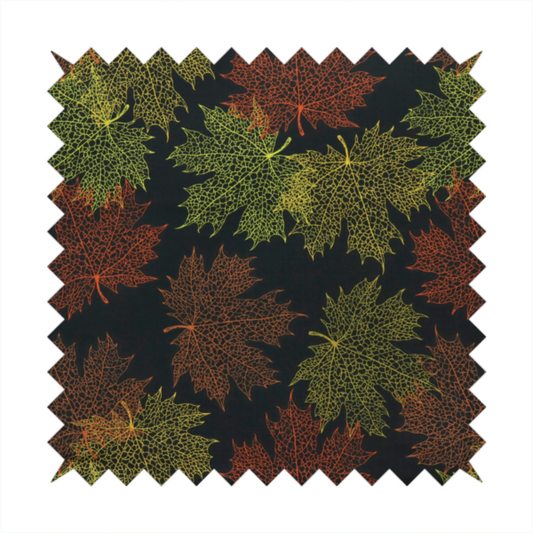 An autumn botanical fabric pattern featuring detailed skeleton maple leaf outlines in rust red, olive green, and gold on a black background.