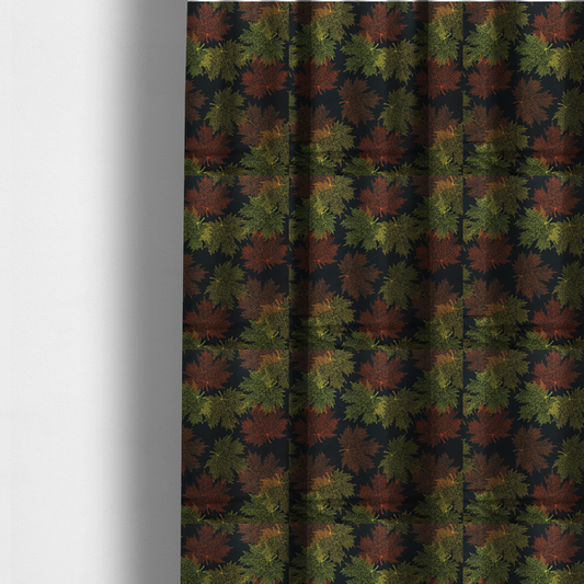 The fabric used to create these made-to-measure curtains is an autumn botanical fabric pattern featuring detailed skeleton maple leaf outlines in rust red, olive green, and gold on a black background.