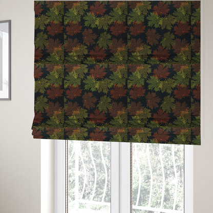 The fabric used to create these roman blinds is an autumn botanical fabric pattern featuring detailed skeleton maple leaf outlines in rust red, olive green, and gold on a black background.