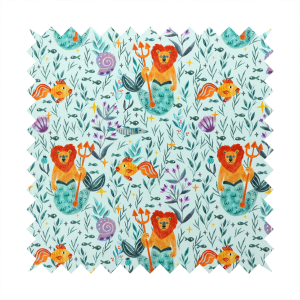 A whimsical fabric pattern featuring orange lion mermaids holding tridents surrounded by fish, sea shells, and ocean flora on a light aqua background.