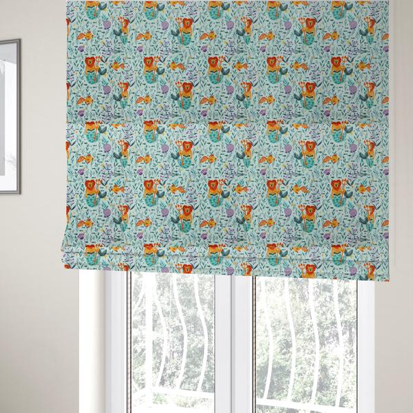 The fabric used to create these roman blinds is a whimsical fabric pattern featuring orange lion mermaids holding tridents surrounded by fish, sea shells, and ocean flora on a light aqua background.