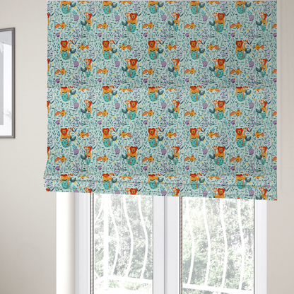 The fabric used to create these roman blinds is a whimsical fabric pattern featuring orange lion mermaids holding tridents surrounded by fish, sea shells, and ocean flora on a light aqua background.