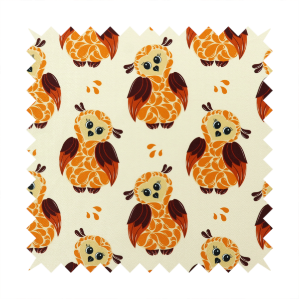 A repeating fabric pattern featuring illustrated owls with paisley-patterned bodies in warm orange, brown, and ochre on a cream background.