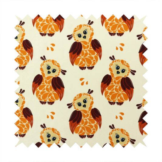 A repeating fabric pattern featuring illustrated owls with paisley-patterned bodies in warm orange, brown, and ochre on a cream background.