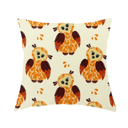 The fabric used to create this handmade cushion is a repeating fabric pattern featuring illustrated owls with paisley-patterned bodies in warm orange, brown, and ochre on a cream background.