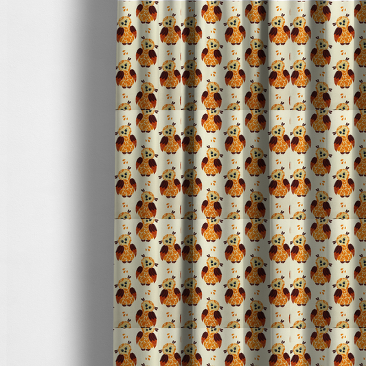 The fabric used to create these made-to-measure curtains is a repeating fabric pattern featuring illustrated owls with paisley-patterned bodies in warm orange, brown, and ochre on a cream background.