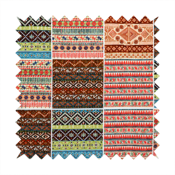 Vibrant multi-coloured tribal patchwork fabric featuring geometric and Aztec folk patterns.