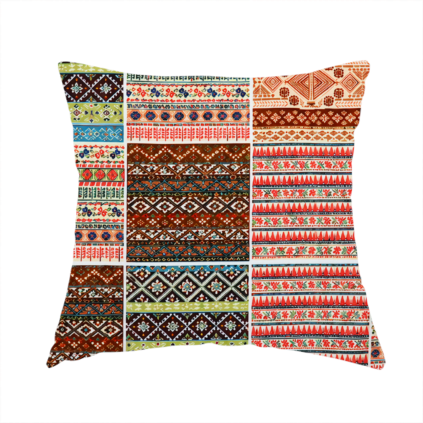 The fabric used to create this handmade cushion is a vibrant multi-coloured tribal patchwork fabric featuring geometric and Aztec folk patterns.