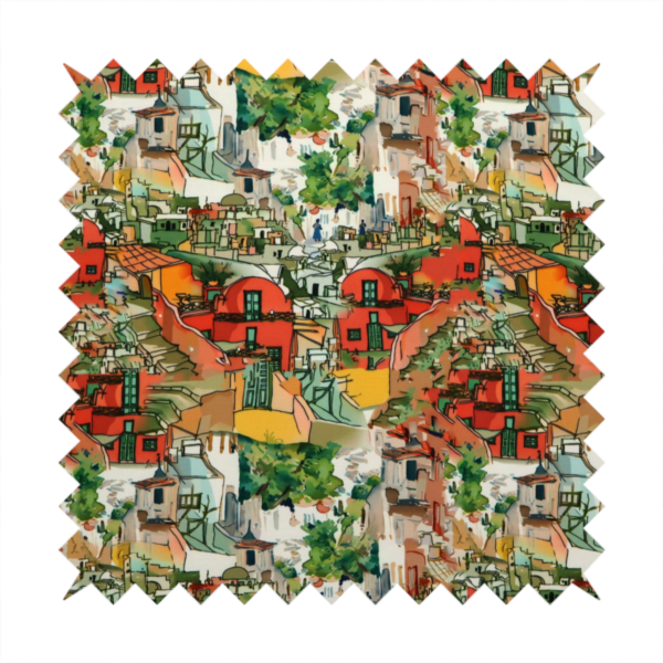 An illustrated fabric pattern featuring a Mediterranean hillside village with terracotta houses, green foliage, and ochre accents