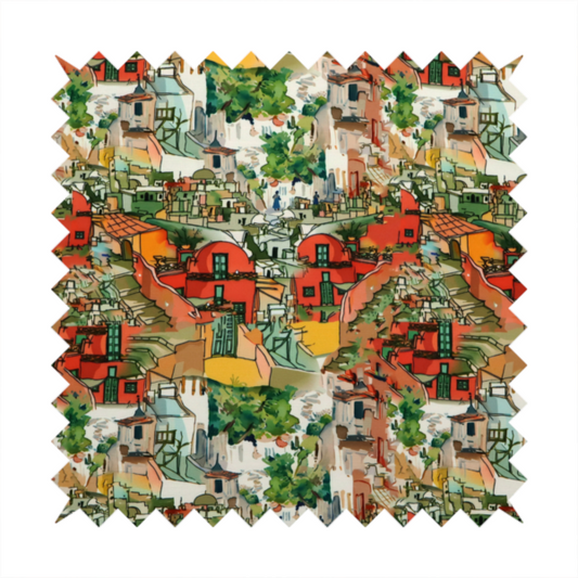 An illustrated fabric pattern featuring a Mediterranean hillside village with terracotta houses, green foliage, and ochre accents