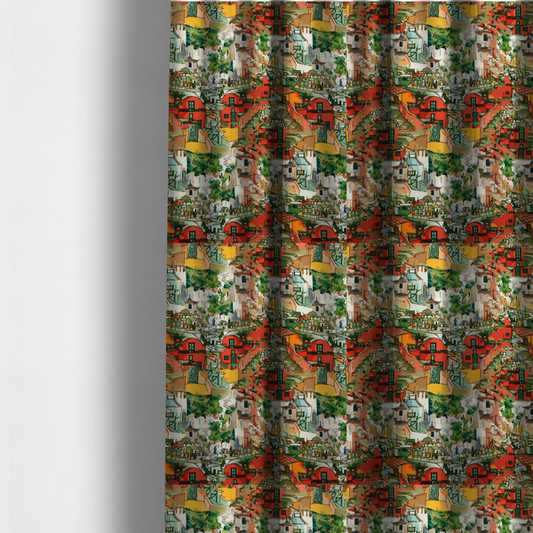 The fabric used to create these made-to-measure curtains is an  illustrated fabric pattern featuring a Mediterranean hillside village with terracotta houses, green foliage, and ochre accents