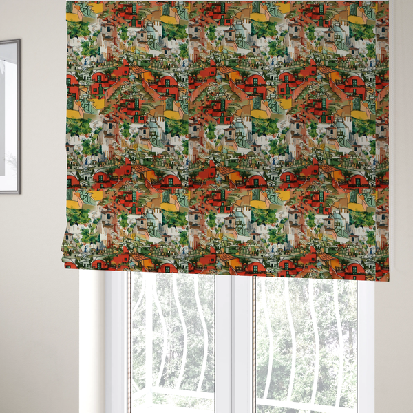 The fabric used to create these Roman blinds is an illustrated fabric pattern featuring a Mediterranean hillside village with terracotta houses, green foliage, and ochre accents