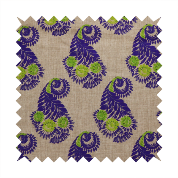 A repeating floral paisley pattern featuring vibrant indigo blue and lime green motifs set against a textured natural beige linen-effect background.