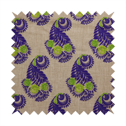 A repeating floral paisley pattern featuring vibrant indigo blue and lime green motifs set against a textured natural beige linen-effect background.