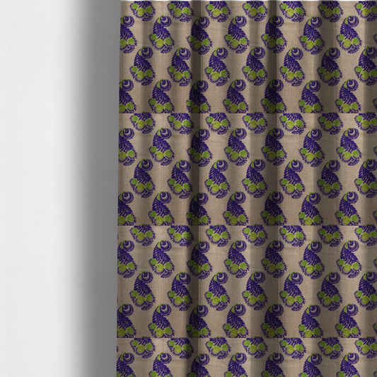The fabric used to create these made-to-measure curtains is a repeating floral paisley pattern featuring vibrant indigo blue and lime green motifs set against a textured natural beige linen-effect background.
