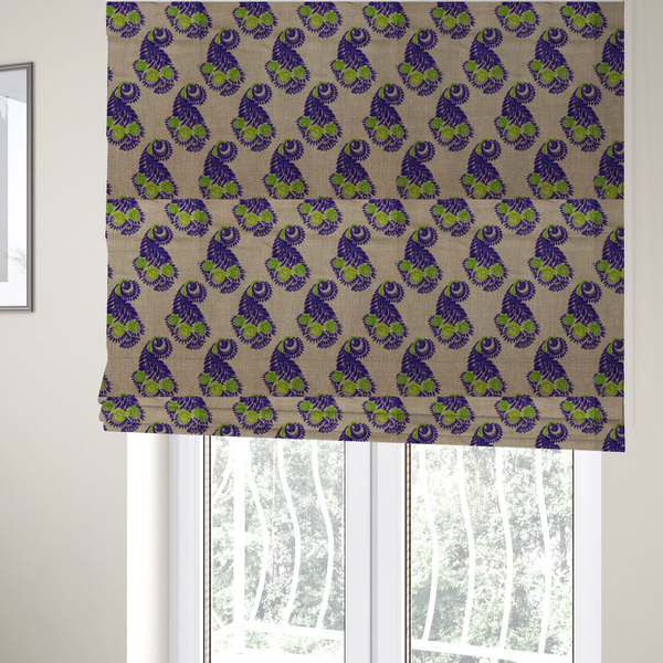 The fabric used to create these Roman blinds is a repeating floral paisley pattern featuring vibrant indigo blue and lime green motifs set against a textured natural beige linen-effect background.