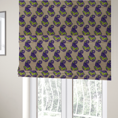 The fabric used to create these Roman blinds is a repeating floral paisley pattern featuring vibrant indigo blue and lime green motifs set against a textured natural beige linen-effect background.