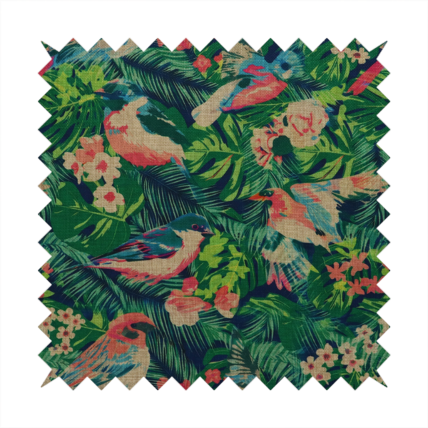 Tropical print fabric featuring colourful birds, palm leaves, and pink flowers against a dark background.