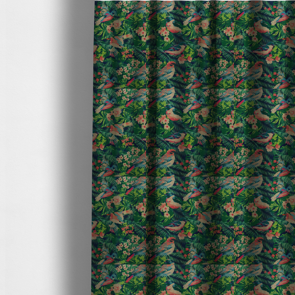 The fabric used to create these made-to-measure curtains is a tropical print fabric featuring colourful birds, palm leaves, and pink flowers against a dark background.