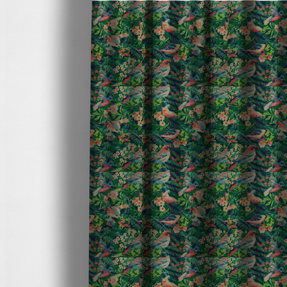 The fabric used to create these made-to-measure curtains is a tropical print fabric featuring colourful birds, palm leaves, and pink flowers against a dark background.