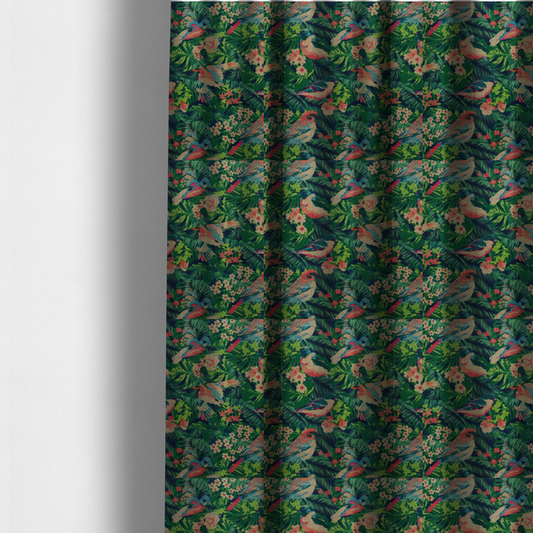 The fabric used to create these made-to-measure curtains is a tropical print fabric featuring colourful birds, palm leaves, and pink flowers against a dark background.
