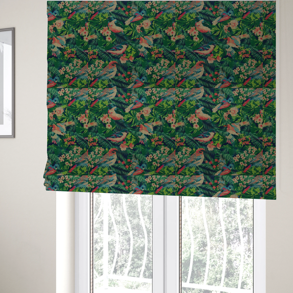 The fabric used to create these Roman blinds is a tropical print fabric featuring colourful birds, palm leaves, and pink flowers against a dark background.