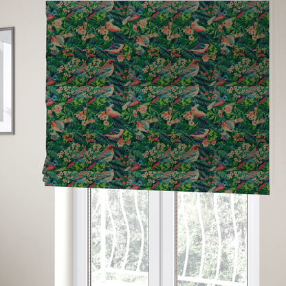 The fabric used to create these Roman blinds is a tropical print fabric featuring colourful birds, palm leaves, and pink flowers against a dark background.