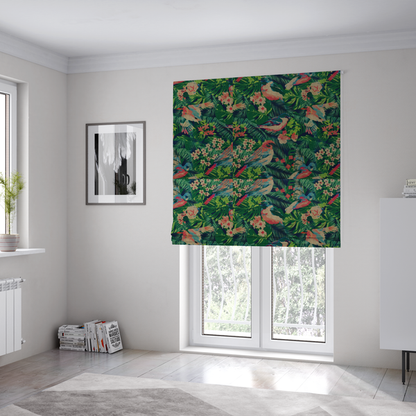 The fabric used to create these Roman blinds is a tropical print fabric featuring colourful birds, palm leaves, and pink flowers against a dark background.