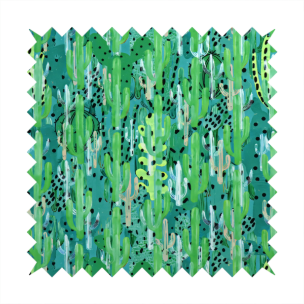 Vibrant, dense pattern of stylized painted saguaro cacti and succulents in shades of green, mint, and white with black polka dots and dashes over a turquoise background.
