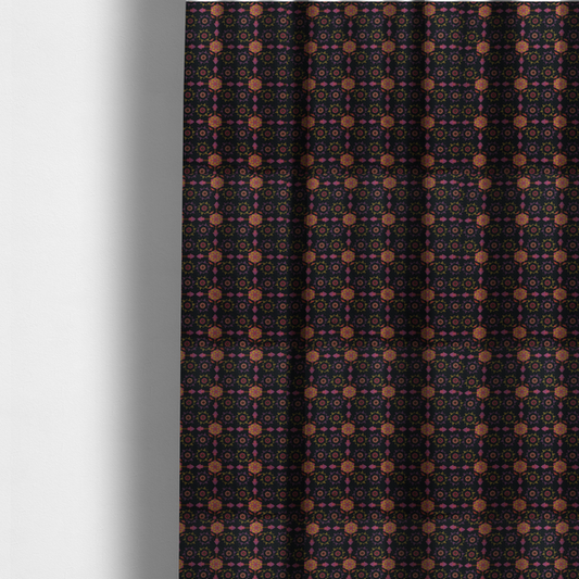 The fabric used to create these made-to-measure curtains is an  intricate geometric fabric pattern featuring repeating mandala motifs, floral medallions, and ornate tiles in shades of pink, orange, yellow, and purple set against a dark black background.