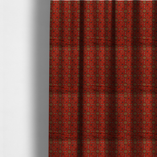 The fabric used to create these made-to-measure curtains is a traditional deep red block-print fabric featuring repeating geometric floral medallions.