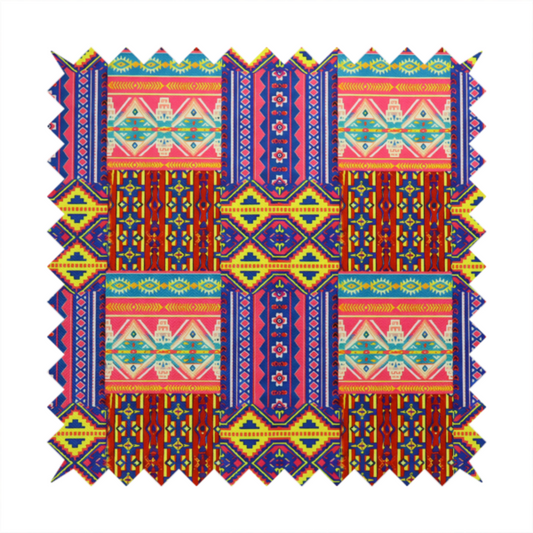 Seamless repeating geometric fabric pattern featuring vibrant tribal and Aztec-inspired patchwork bands in neon yellow, bright pink, cobalt blue, and turquoise.