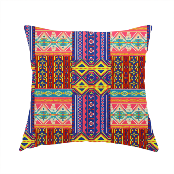 The fabric used to create this handmade cushion is a seamless repeating geometric fabric pattern featuring vibrant tribal and Aztec-inspired patchwork bands in neon yellow, bright pink, cobalt blue, and turquoise.
