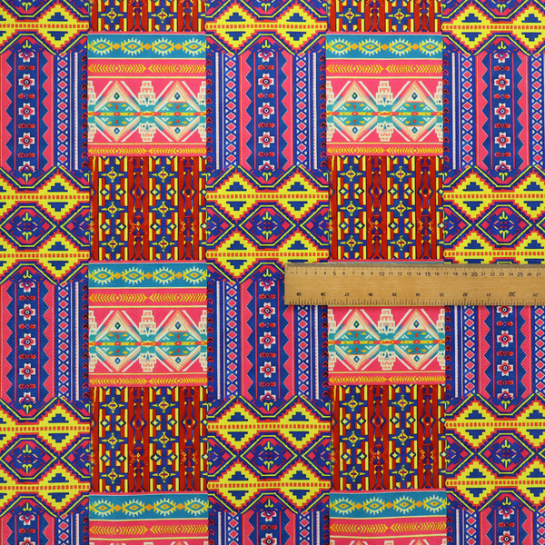 Seamless repeating geometric fabric pattern featuring vibrant tribal and Aztec-inspired patchwork bands in neon yellow, bright pink, cobalt blue, and turquoise.