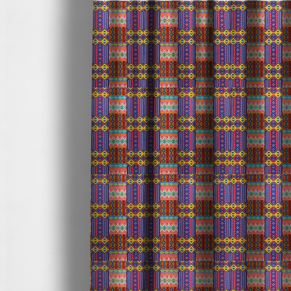 The fabric used to create these made-to-measure curtains is a seamless repeating geometric fabric pattern featuring vibrant tribal and Aztec-inspired patchwork bands in neon yellow, bright pink, cobalt blue, and turquoise.